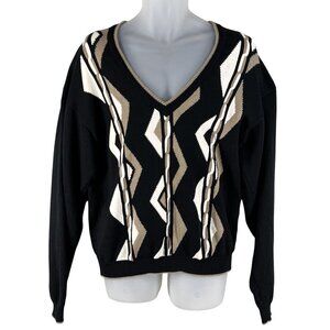 Sansabelt Sport Mens M  V-Neck Black Cotton Sweater Geometric Pattern Timeless